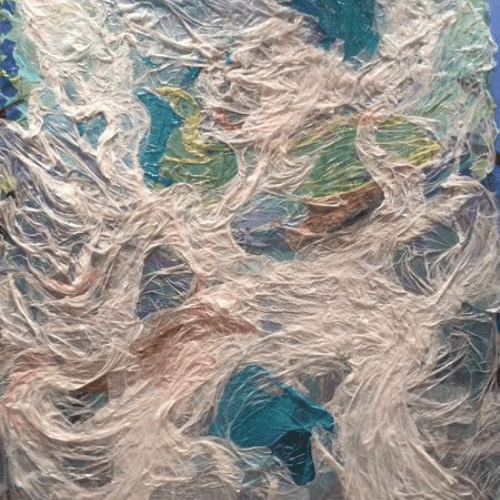 Abstract painting with swirling textured patterns.