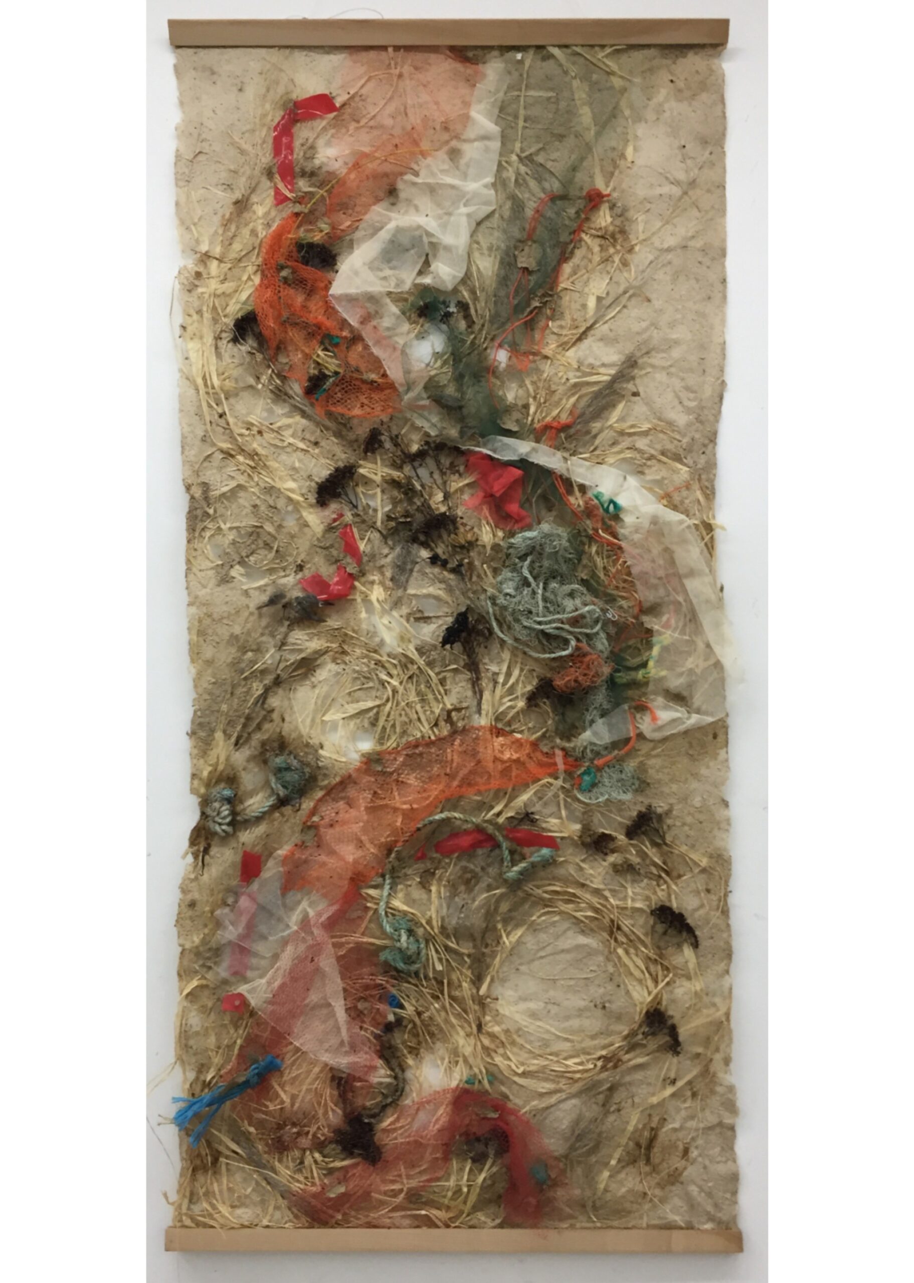 Abstract mixed media artwork with textured layers.