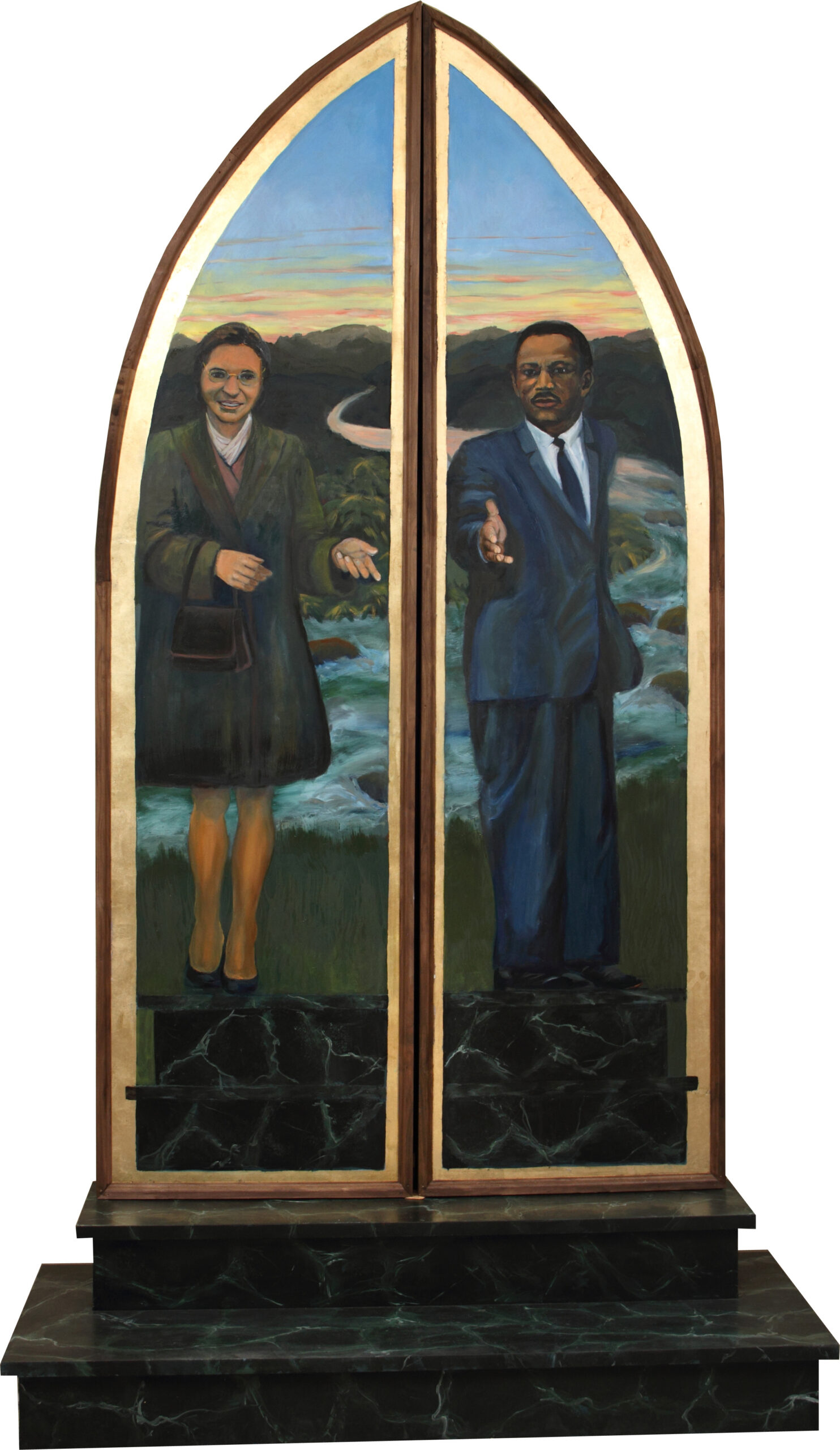 Two figures in a landscape-themed painting