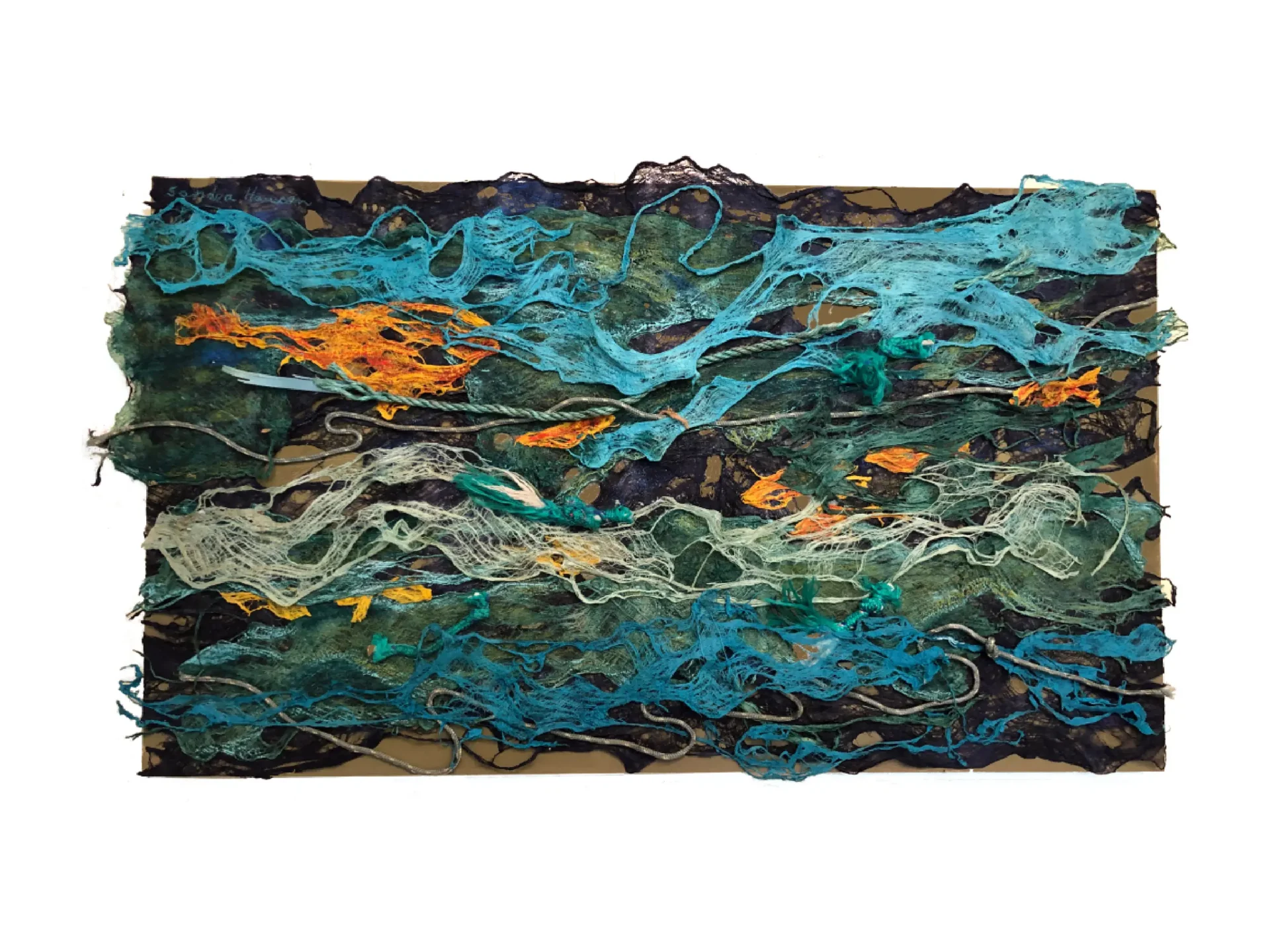 Mixed media artwork featuring blues and oranges