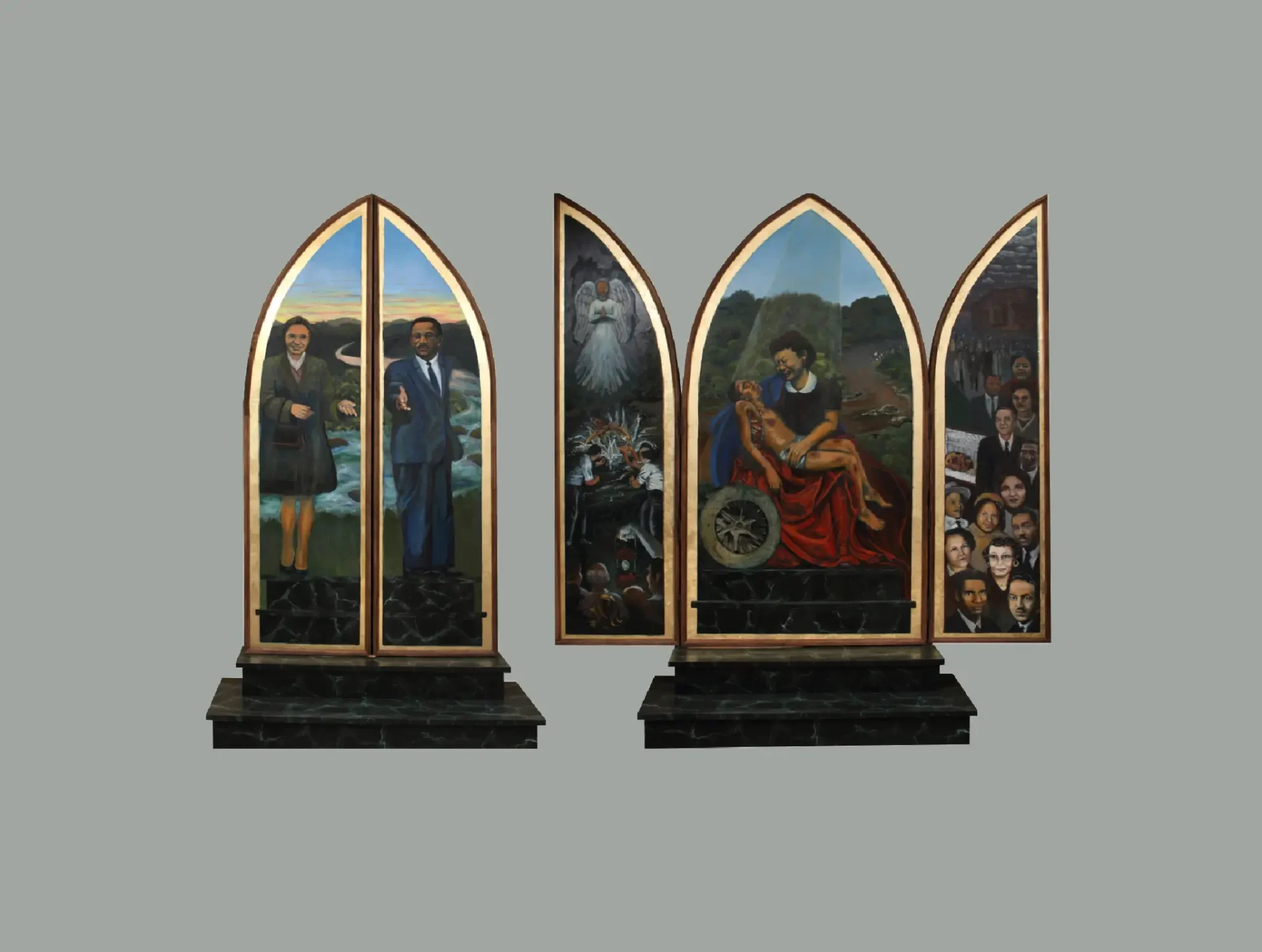 Triptych depicting contemporary and historical scenes