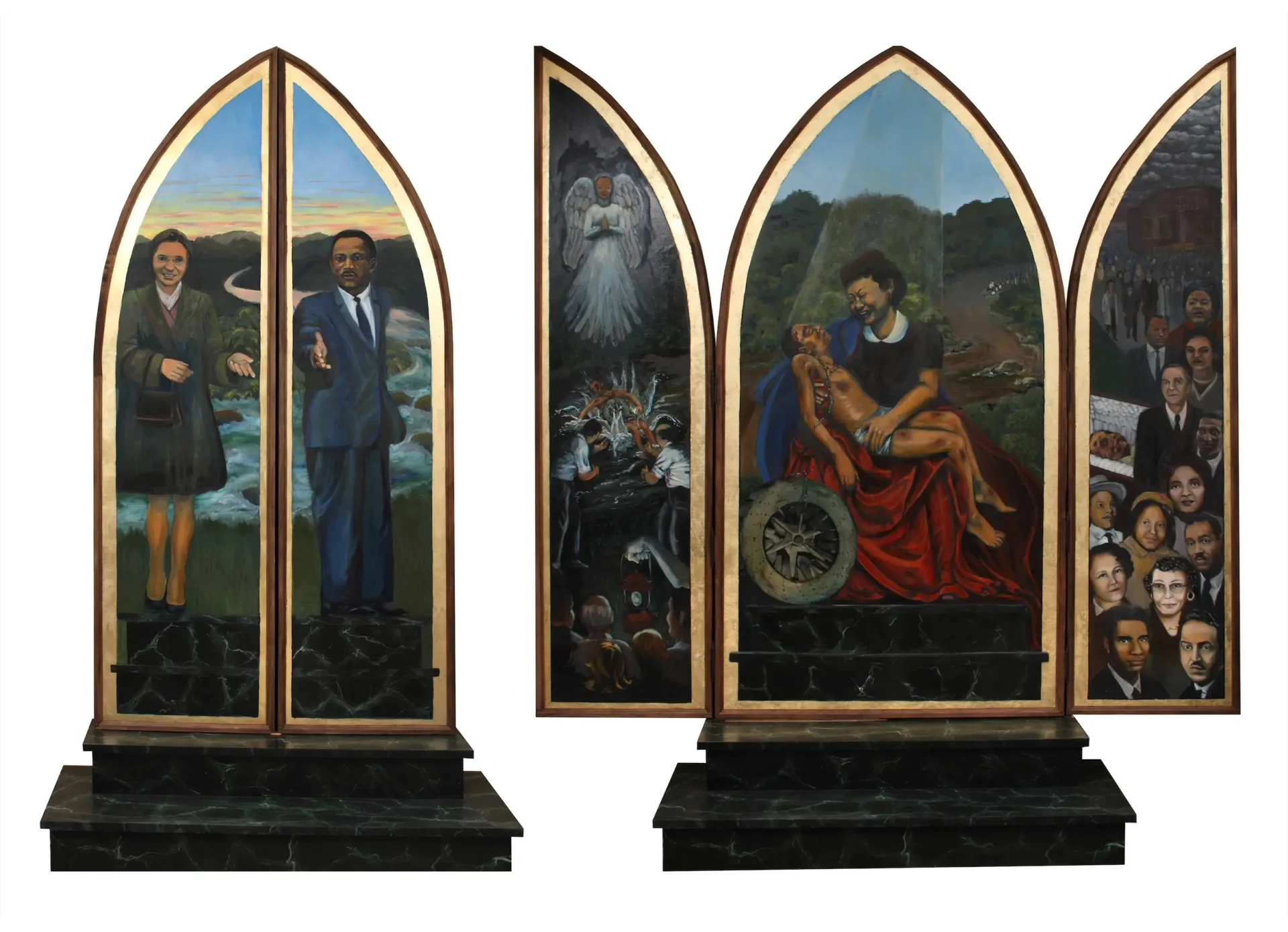 Religious-themed triptych with diverse imagery